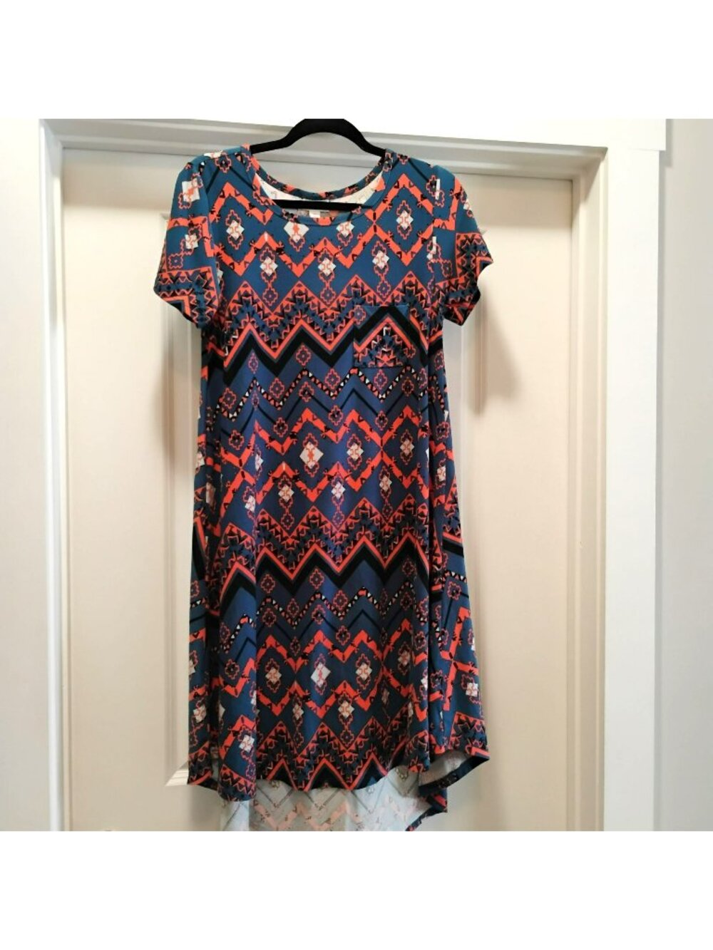 LuLaRoe Carly Swing Dress XS Aztec Geometric High Low Pocket Blue Orange Chevron